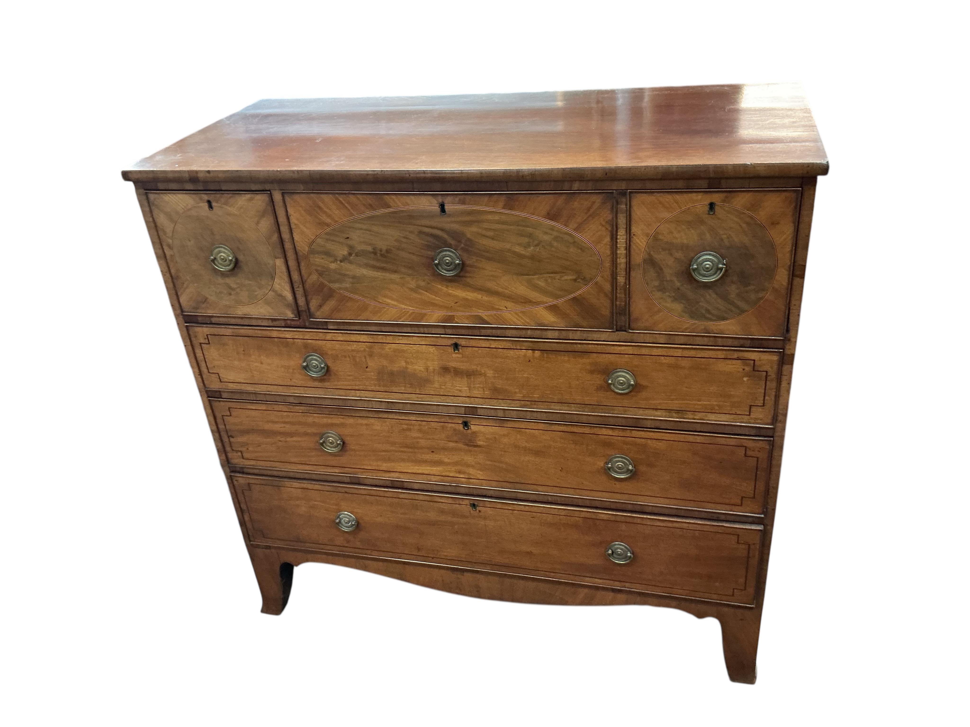 A George IV inlaid mahogany secretaire chest, width 124cm, depth 56cm, height 118cm